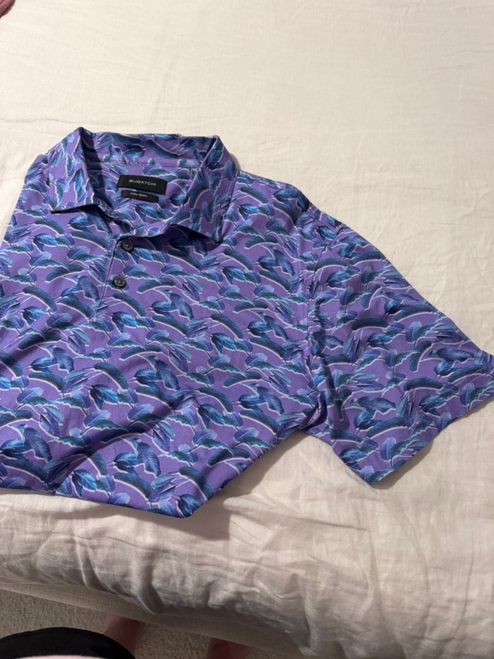 Bugatchi Purple Polo with Blue feather Print - Picture 2 of 3